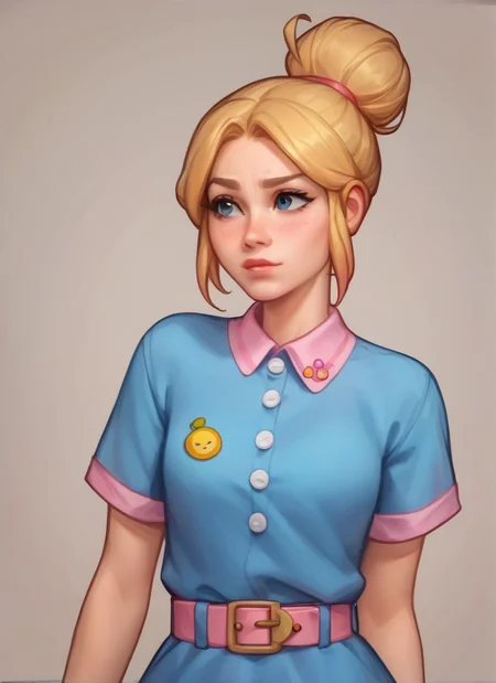 score_9, score_8_up, score_7_up, <lora:bspiper:1>bspiper , 1 girl blonde hair ,hair bun ,blue dress , ,pink belt ,upper body, ,short sleeves,short dress, <lora:Kittew-4RCH0N:1>