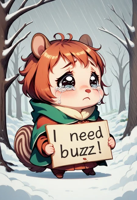 score_9, score_8_up, score_7_up, best quality, fine detail, cute, squirrel, chibi, fat, holding sign saying "I NEED BUZZ!", snow, bare trees, storm, rain, wind, crying, sad, (baby squirrel)