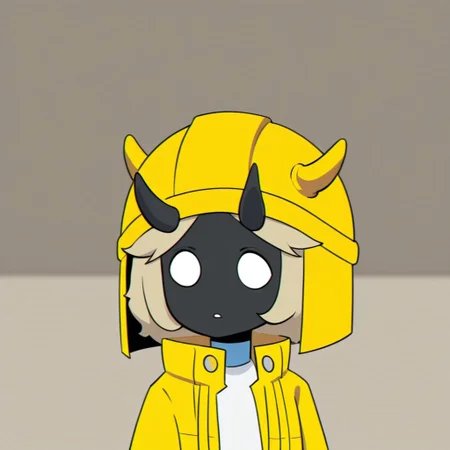 Tryhard Yunu, 1girl, solo, black skin, small round white eyes, elongated yellow helmet with horns, open yellow coat, white shirt
Half body, Tryhard Yunu