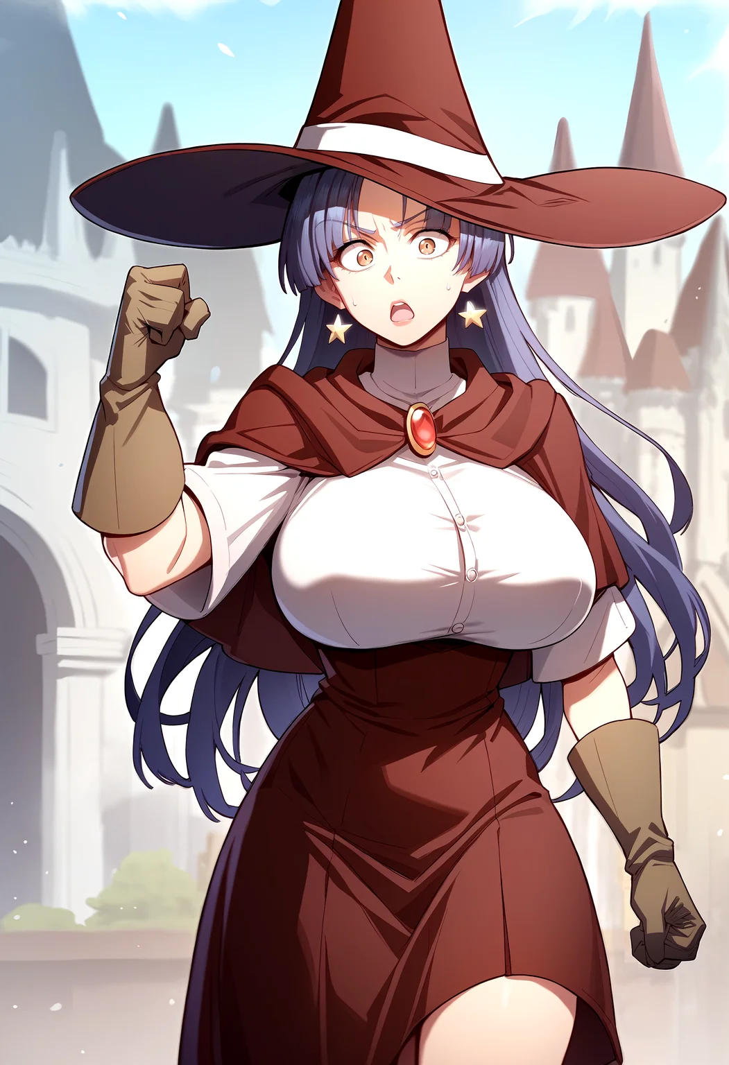score_9, score_8_up, score_7_up, score_6_up, source_anime, rating_explicit, <lora:neg4all_bdsqlsz_V3.5:2.0>1girl, (solo:1.2), huge breasts, <lora:Heraponyxl:1> red witch hat, long hair, jewelry, star earrings, bangs, purple hair, blue hair, brown eyes, brown gloves, white shirt, brooch, red capelet, red high-waist skirt, frown, surprised, open mouth, Narrow shoulders, heavy breathing, steaming body, castle, outdoor, walking, close-up, magic circle, (fighting stance:1.1)