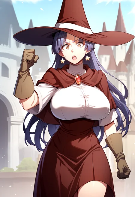 score_9, score_8_up, score_7_up, score_6_up, source_anime, rating_explicit, <lora:neg4all_bdsqlsz_V3.5:2.0>1girl, (solo:1.2), huge breasts, <lora:Heraponyxl:1> red witch hat, long hair, jewelry, star earrings, bangs, purple hair, blue hair, brown eyes, brown gloves, white shirt, brooch, red capelet, red high-waist skirt, frown, surprised, open mouth, Narrow shoulders, heavy breathing, steaming body, castle, outdoor, walking, close-up, magic circle, (fighting stance:1.1)
