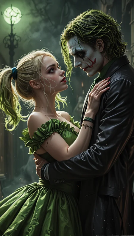 In a swirling cloud of toxic green, the doomed dance of the Joker and Harley Quinn unfolds. Their twisted love story is reflected in their eerie, poison-tinged auras, sending a shiver down the spine of anyone who dares to witness their chaotic chemistry. This haunting image captures a moment of tension and passion between the two iconic characters from the DC universe. The scene is depicted in a beautifully detailed painting, showcasing the intricate details of their costumes and expressions. The vibrant colors and dynamic composition add depth and emotion to the portrayal, making it a truly unforgettable piece of art.
