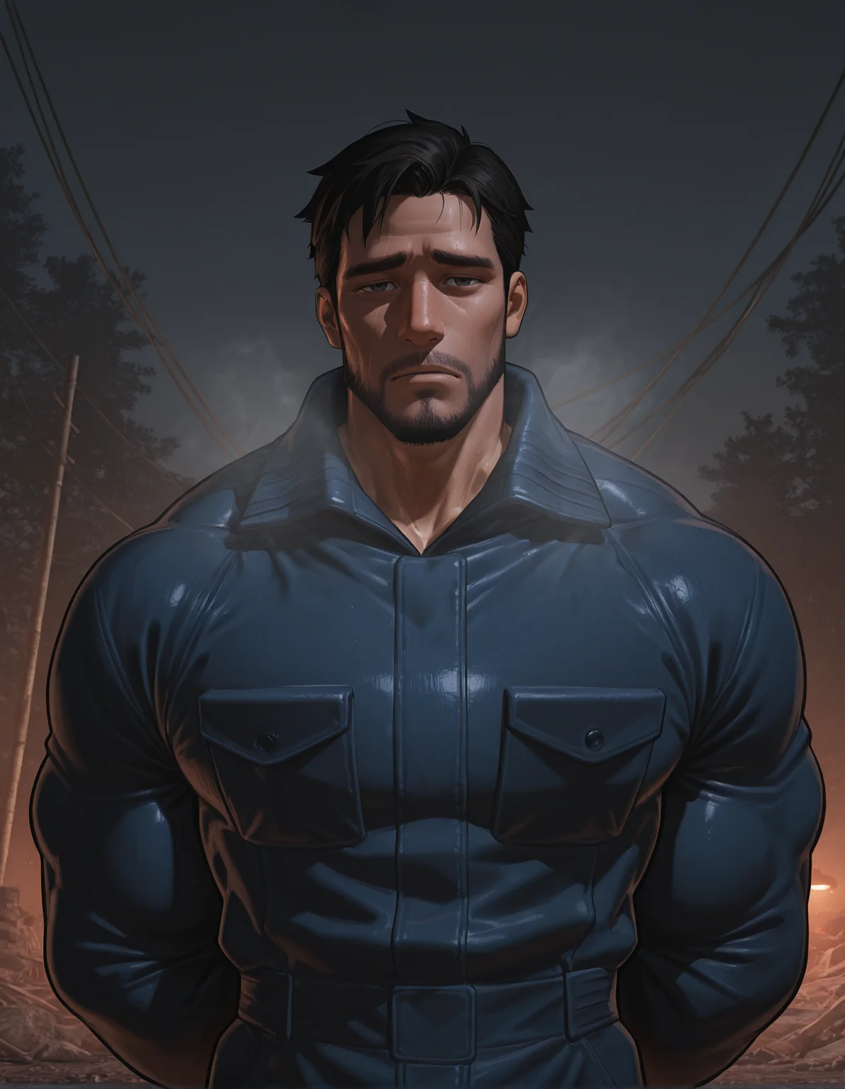 male focus,solo,facial hair,muscular,upper body,steaming body,looking at viewer,jumpsuit,outdoors,masterpiece,high quality,Cinematic Lighting,arms behind back,despair,<lora:0takas:1>,remains,
