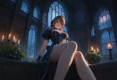 score_9, score_8_up, score_7_up, embedding:c4stl3, 1girl, kasumi_\(doa\), dead_or_alive, 1girl, brown_hair, brown_eyes, low-angle view, m legs, indoors, garden
