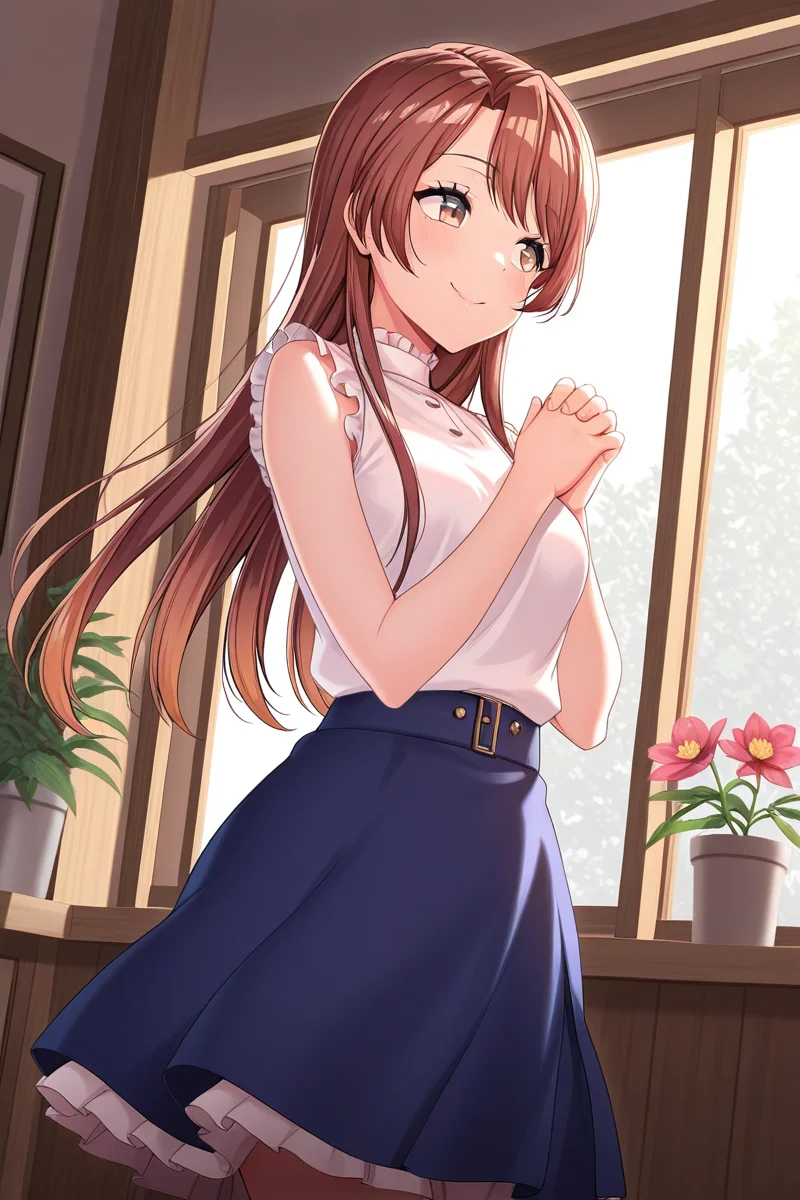 masterpiece, best quality, amazing quality,
<lora:Haruna_IL:1> haruna, 1girl, solo, long hair, smile, sleeveless, indoors, skirt, blue skirt, window, shirt, brown hair, sleeveless shirt, bangs, white shirt, flower, plant, own hands together