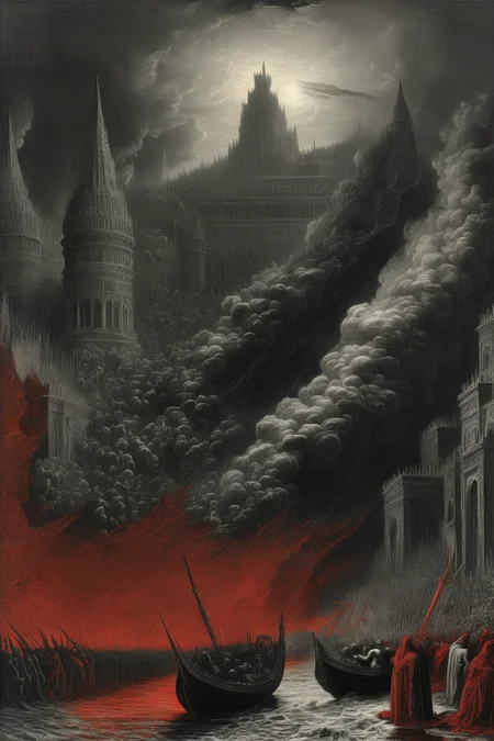 <lora:Gustave Dore Style:1>Gustave Dore Style - the destruction of Sodoma and Gomorra, Gustave Dor style, using only black white and red colors