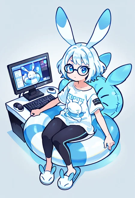 masterpiece, best quality, 1girl, solo,   [Tokyo Capsule Hotel Chill] zzWarabbit, blue striped innertube,, long rabbit ears, 1girl, solo, oversized T-shirt, techwear leggings, slippers, smart glasses, gaming desktop, compact city fashion aesthetic, sitting pose â zzWarabbit sprawls in a beanbag chair, blue striped innertube, repurposed as a cozy headrest. she sits at a gaming computer.   <lora:WarabbitPokedex_IXL:1.1>,  C0utur3Cr4z3, <lora:CoutureCraze_IXL:0.6>,