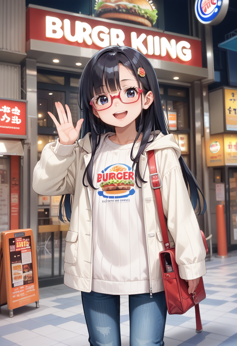 score_9, score_8_up, score_7_up, rating_safe, masterpiece, best quality, absurdres, unity 8k wallpaper, official art, official style, source_anime, uncensored, game cg, megami magazine,
1girl, solo, glasses, black hair, long hair, duffle coat, white ribbed sweater, jeans, bag, happy, smile, looking at viewer, open mouth, solo focus, face focus, waving,
burgerking, storefront, neon lights, road, night, outdoors, street, city, sign, building, tile floor, real world location, poster (object)
<lora:burgerking_pony_V1:1>