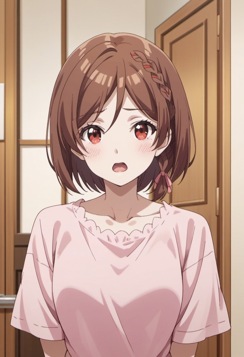 score_9, score_8_up, score_7_up, source_anime, sakuramori akane, short hair, brown hair, red eyes, 1girl, solo, braid, blush, open mouth, pink shirt, looking at viewer, shirt, door, upper body, indoors, collarbone, side braid