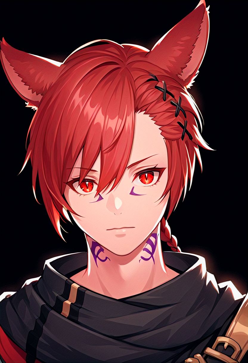 grahatiaffxivdsk, 1boy, male focus, solo, animal ears, red eyes, red hair, tattoo, miqo'te, neck tattoo, cat ears, looking at viewer, hair between eyes, facial mark, hair ornament, x hair ornament, bangs, holding, glowing, slit pupils, braid, short hair, portrait, jewelry, short ponytail, cinematic angle, cinematic lighting, best anatomy, official art, masterpiece, best quality