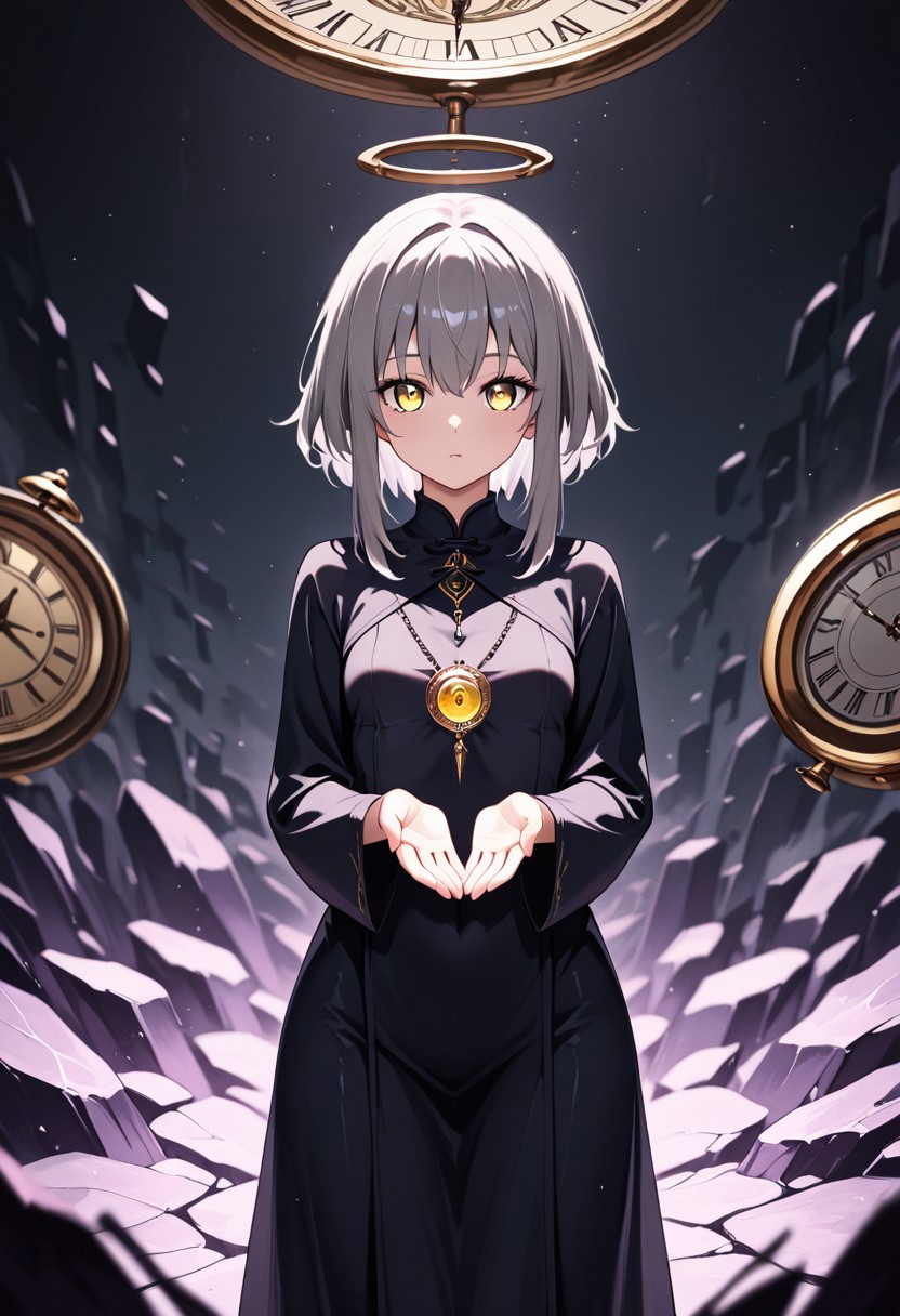 masterpiece, best quality, good quality, very aesthetic, absurdres, newest, 8K, depth of field,  in the style of cknc, artist:moriimee, in the style of cksc, 
1girl, long grey hair, flowing, golden eyes, small breasts, perky, hourglass pendant, tattered robe, glossy skin, turning clock hands, looking at viewer, from front
BREAK
time-warped ruins, clocks floating, mist rising
BREAK
dynamic light, purple tones, high contrast, mystical haze, rich details, surreal atmosphere