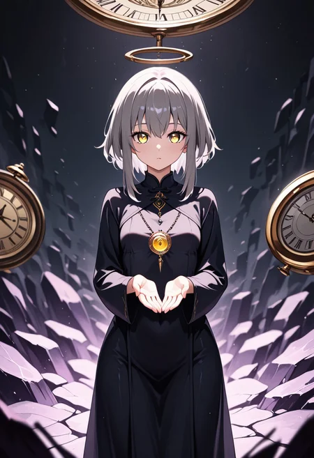 masterpiece, best quality, good quality, very aesthetic, absurdres, newest, 8K, depth of field, in the style of cknc, artist:moriimee, in the style of cksc,
1girl, long grey hair, flowing, golden eyes, small breasts, perky, hourglass pendant, tattered robe, glossy skin, turning clock hands, looking at viewer, from front
BREAK
time-warped ruins, clocks floating, mist rising
BREAK
dynamic light, purple tones, high contrast, mystical haze, rich details, surreal atmosphere