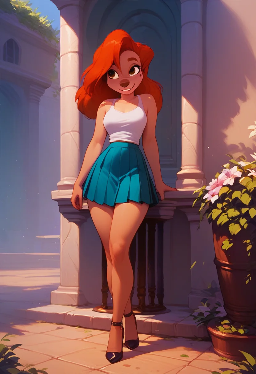 score_9, score_8_up, score_7_up, score_6_up, score_5_up, 1girl, solo, full body,
Roxanne_Rover, red hair, beauty mark, anthro, furry female,
tank top, pleated skirt, high heels,
outdoors,
<lora:add-detail-xl:0.9>