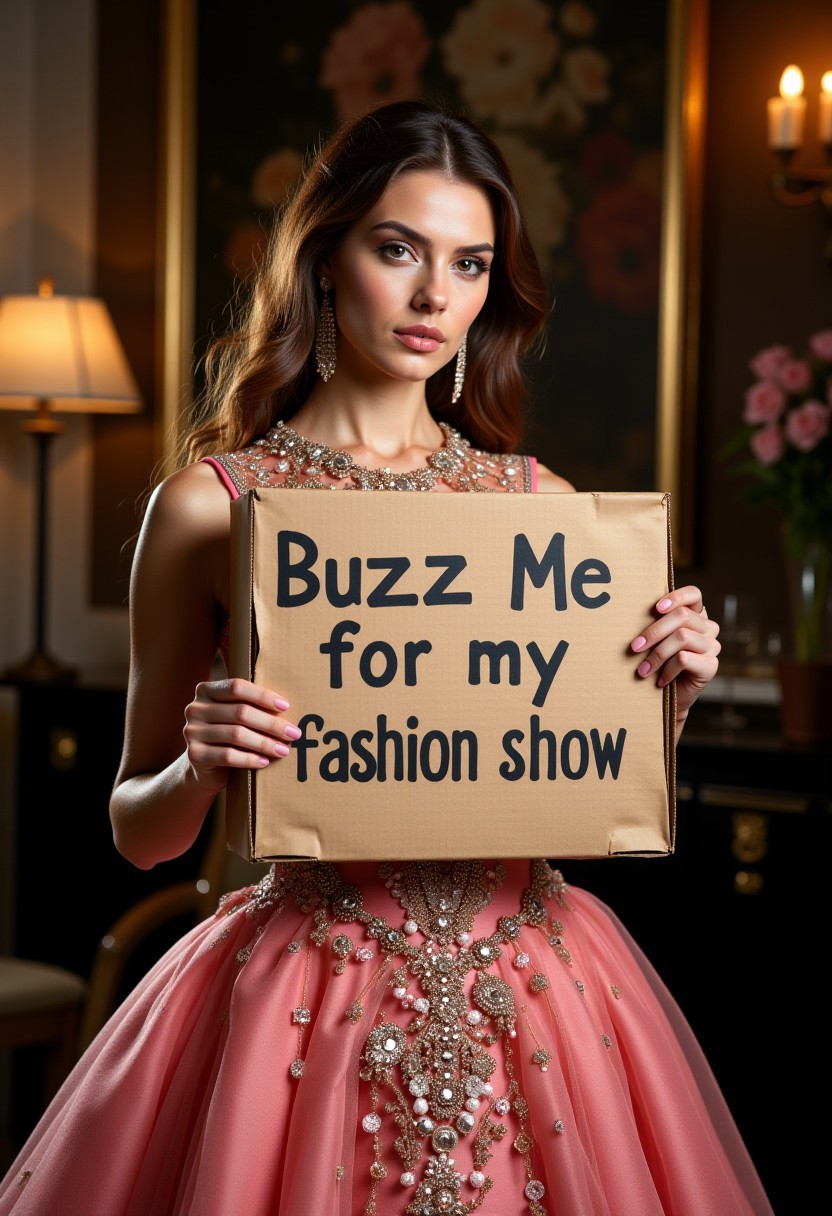 award winning photo of a supermodel holding a cardboard with quote "Buzz Me for my fashion show". She is wearing a stunning and captivating fashion design that blends elegance with innovation. The image should feature a breathtaking haute couture gown with intricate detailing, a perfect balance of modern and classic elements, and a palette of luxurious, vibrant colors. The design should include delicate embellishments, rich textures, and unique silhouettes that push the boundaries of contemporary fashion. Ensure the setting is equally impressive, with a sophisticated backdrop that enhances the allure of the garment, making the entire composition unforgettable and truly distinctive."