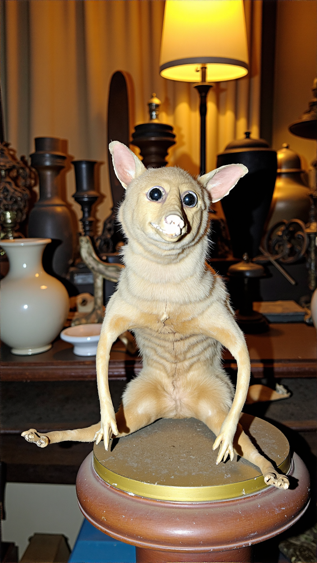 A photo of a bad taxidermi pudu, with its eyes too wide and its nose slightly askew, sits atop a worn, golden-colored wooden pedestal in a dimly lit, old antique shop. The pudu's fur is unevenly preserved, with some patches appearing matted and others fluffed up in awkward angles. The animal's legs are stiff and posed in a way that appears unnatural, giving the impression that it's about to topple over. The shop's background is cluttered with old vases, rusty farm tools, and dusty collectibles, lit only by a faint, warm glow emanating from a nearby, ornate lamp. A faded, velvet curtain hangs in the background, partially covering a grimy window that casts a dull, diffused light onto the scene.<lora:BadTaxidermiFlux:1>