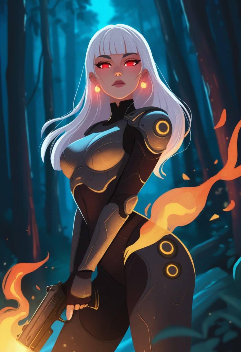 MSMLN, 1girl, solo, weapon, long hair, earrings, jewelry, forest, gun, nature, armor, breasts, red eyes, holding, holding weapon, white hair, science fiction, blunt bangs, holding gun, glowing, lips, outdoors, night, glowing eyes, cowboy shot, medium breasts, colored sclera, looking at viewer, fire, masterwork, masterpiece, best quality, dynamic lighting , dynamic pose,, dynamic angle, , , (lineless:1.2), detailed, , aged up, adult, depth of field, dynamic lighting, blurry, cheekbones,