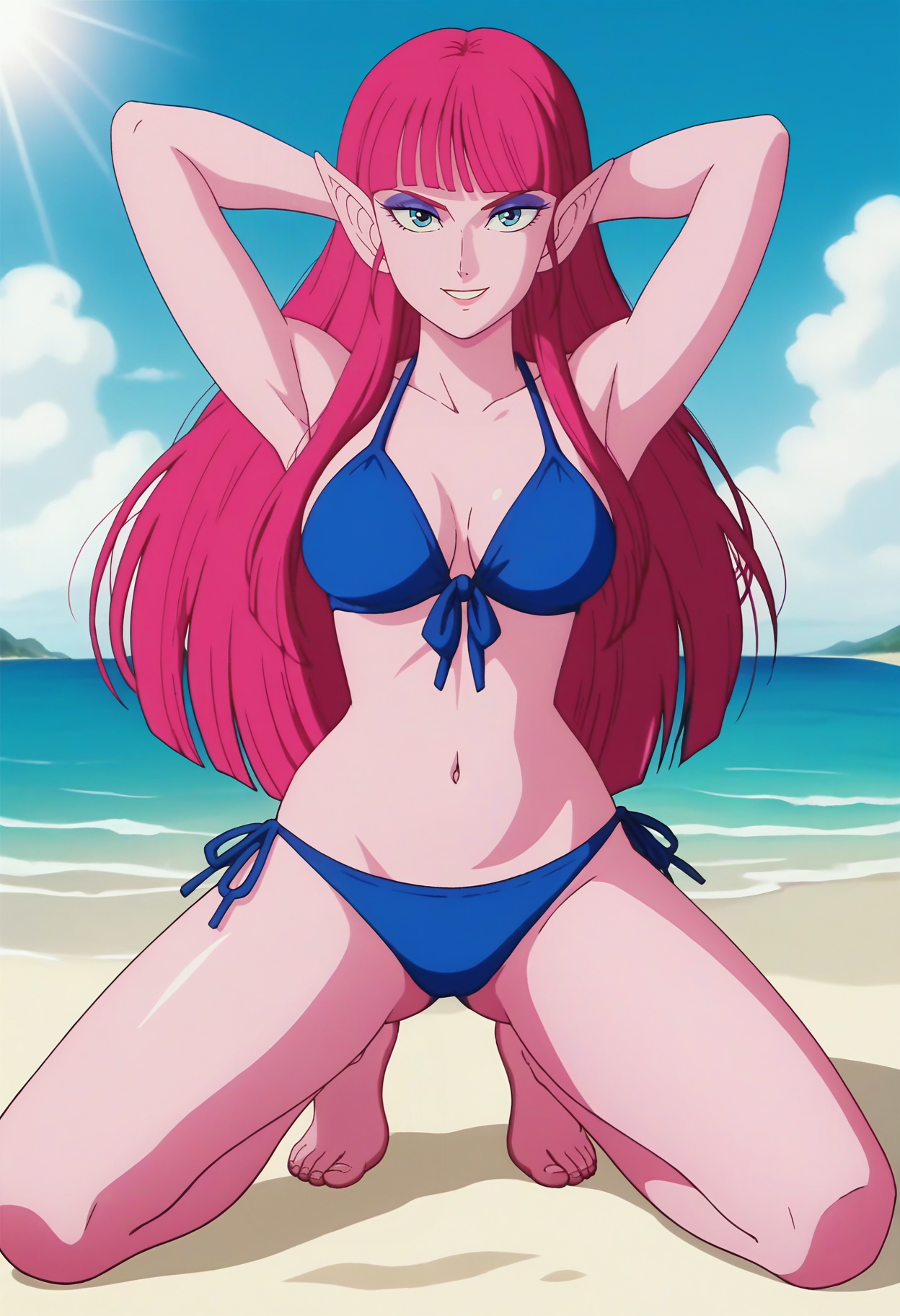 score_9, score_8_up, score_7_up, score_6_up, anime screencap, anime coloring, <lora:DBExtraGirlMelee_epoch_9:0.7>, DBExtraGirlMera, pointy ears, very long hair, blunt bangs, pink hair, pink skin, colored skin, blue eyes, purple eyeshadow,
blue bikini, side-tie bikini bottom, breasts,
smile, looking at viewer, kneeling, arms behind head, legs apart, 
BREAK beach, sunlight, day, blue sky,