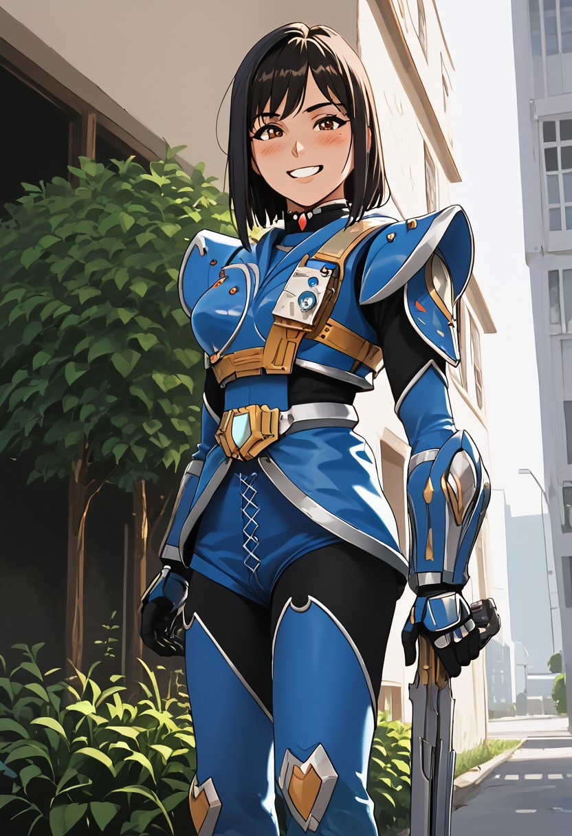 score_9, score_8_up, score_7_up, source_anime, zPDXL, zPDXLpg,  anime, anime coloring, anime screencap, <lora:offset_0.2:0.1>, <lora:spo_sdxl_10ep_4k-data_lora_webui:1>,
1girl, solo,
K4g3ri, 1girl, solo, robot, tokusatsu, female focus, K4g3r inner_suit, necklace, K4g3r shoulder_pad, K4g3r armor, goldstrap, K4g3r gauntlet, K4g3r gloves, skirt, K4g3r boots, K4g3r weapon, helmet removed,
smile, blush, looking at viewer, facing viewer, cowboy shot, standing, hands on own hips, ass visible through thighs, teeth, full body, 
outdoors, city, street