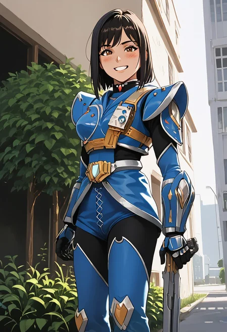 score_9, score_8_up, score_7_up, source_anime, zPDXL, zPDXLpg, anime, anime coloring, anime screencap, <lora:offset_0.2:0.1>, <lora:spo_sdxl_10ep_4k-data_lora_webui:1>,
1girl, solo,
K4g3ri, 1girl, solo, robot, tokusatsu, female focus, K4g3r inner_suit, necklace, K4g3r shoulder_pad, K4g3r armor, goldstrap, K4g3r gauntlet, K4g3r gloves, skirt, K4g3r boots, K4g3r weapon, helmet removed,
smile, blush, looking at viewer, facing viewer, cowboy shot, standing, hands on own hips, ass visible through thighs, teeth, full body,
outdoors, city, street
