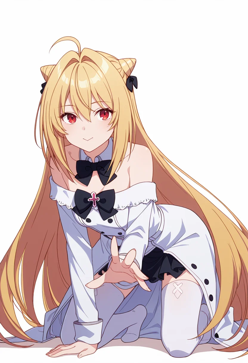 Smooth Quality,masterpiece,very intricate, high quality details, ultra realistic, high detailed skin,detailed enviorement,absurdres,
hand on own leg,
 <lora:Terakomari_Gandesblood_CNR:0.8> 
terakomari_cnr, 1girl,blonde hair, very long hair,cone hair bun, double bun,ahoge, hair between eyes, hair intakes, red eyes,black bow,, simple background, white background, front view,
kneeling, one hand on ground, reaching forward, focused, tense,  ,, :>,, long coat, ,off-shoulder top, ,spats, ,
