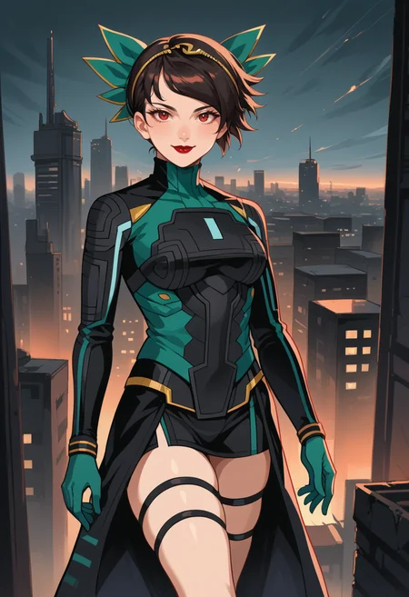 score_9, score_8_up, score_7_up, source_anime BREAK 1girl, solo,
<lora:zs_PanagiaYokoXL:1> panagiayokosmtvv, short hair, black hair, swept bangs, headband, red eyes, red lipstick, turtleneck, bodysuit, skirt, green gloves, thigh strap,
standing, city, smile, horizon, post-apocalyptic city,