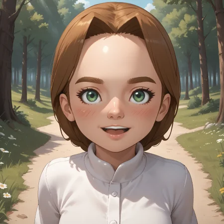 score_9, score_8, BREAK, solo, wii, mii, wii sports, 1girl, female mii, green eyes, brown eyebrows, dark blonde hair, open mouth, blush, white clothing, white pants, sandals, cute, nintendo mii, modern_mii, classic_mii, breasts, Ursula_(Wii_Sports), sexy pose, smile, outdoors, sunlight, shadows, evening lighting, natural lighting, forest, trees, grass, orange sky, sunset