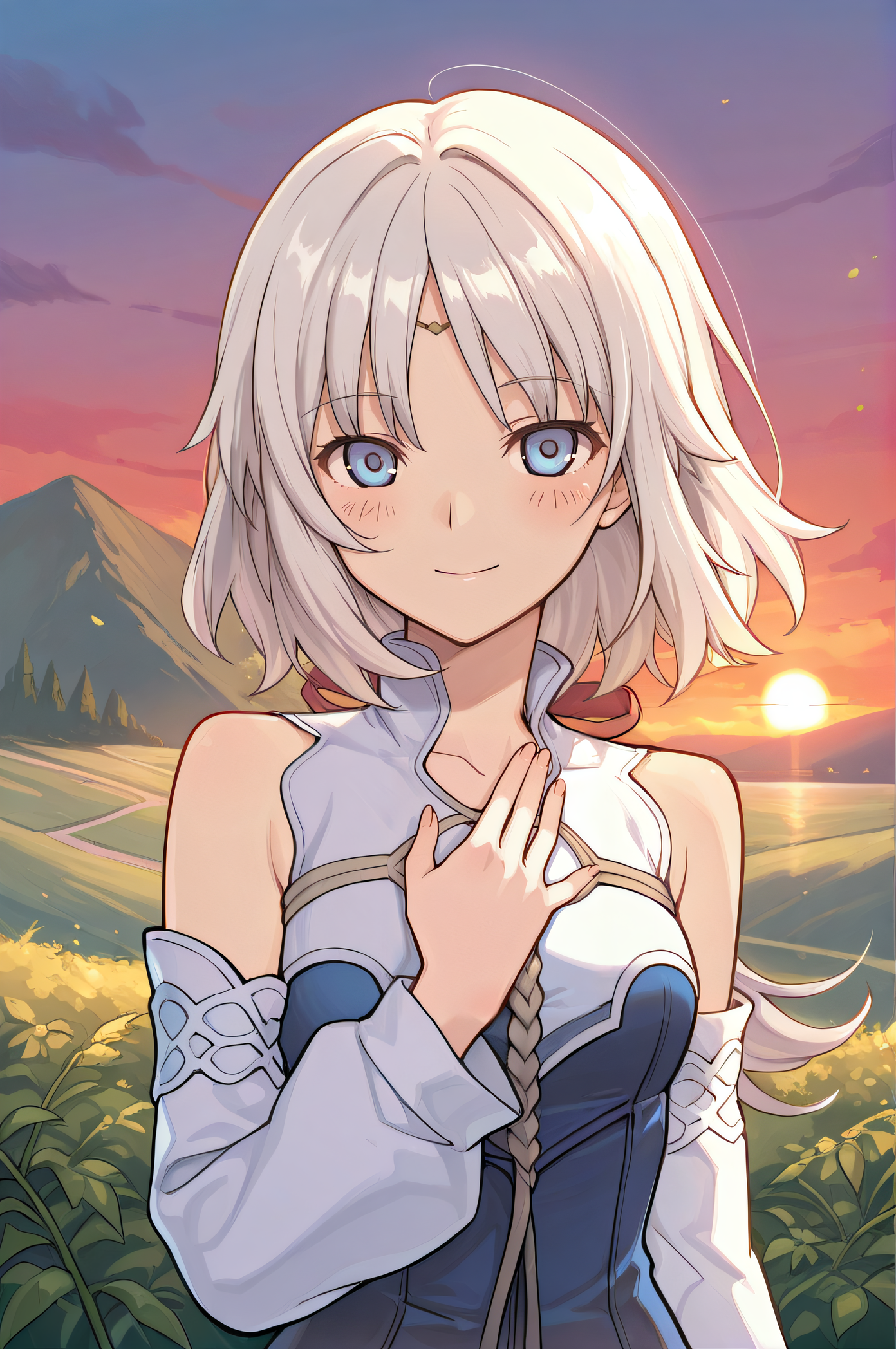 masterpiece, best quality, highres, newest, 1girl, solo, official style, <lora:Mist_RF:1>, mistrf, light hair, blue eyes, blue dress, detached white sleeves, bare shoulders, upper body, smile, blush, looking at viewer, hand on chest, five fingers, outdoor, scenery, sunset
