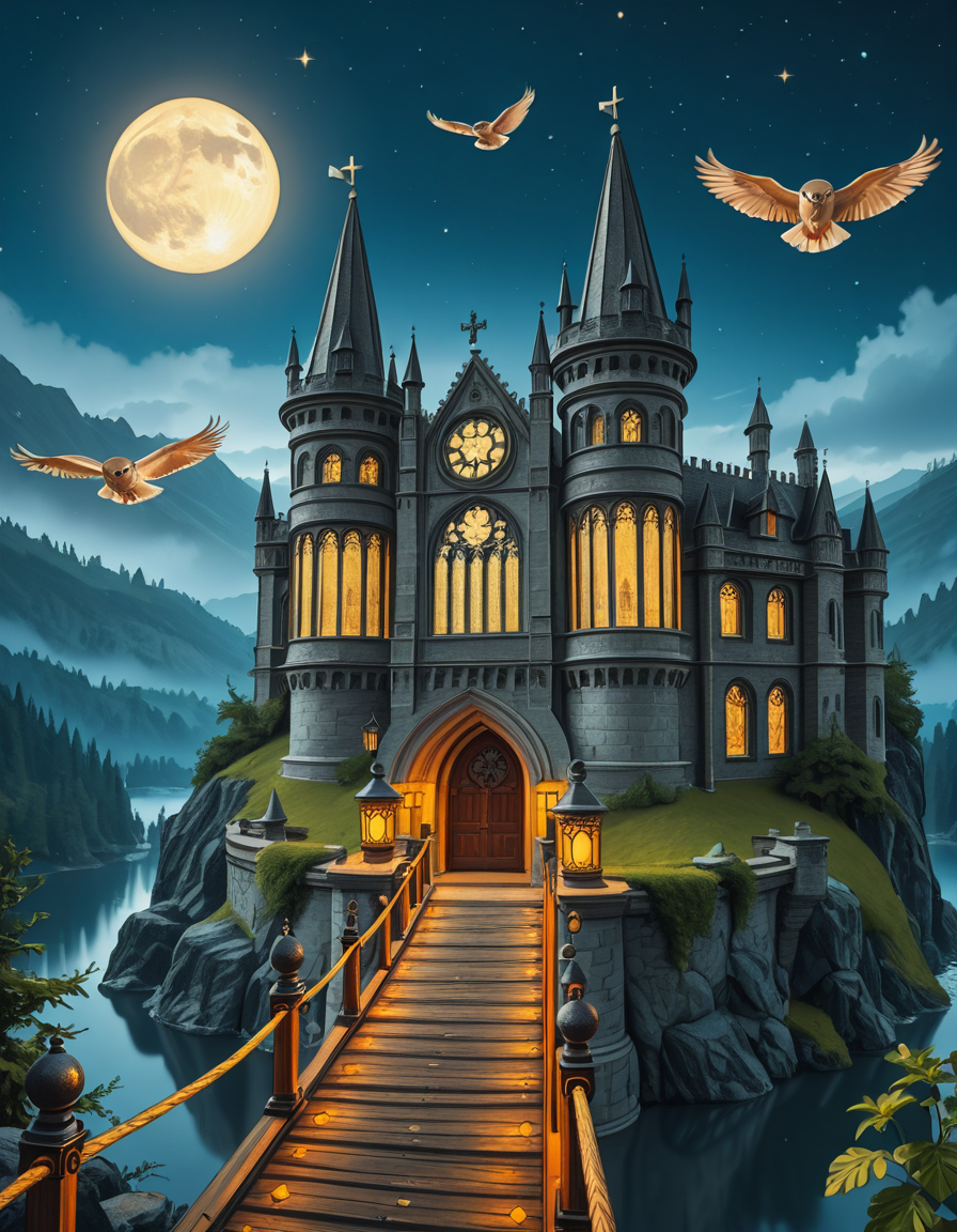 A majestic, ancient castle perched on a rocky hill, serving as a prestigious school for young wizards. The castle is a grand structure with towering spires, intricate gothic architecture, and large stained-glass windows that glow with magical energy. The stone walls are covered in ivy, and enchanted lanterns float around the entrance, casting a soft, mystical glow. A massive wooden bridge leads to the main gate, suspended over a misty, enchanted lake that reflects the moonlight. In the background, rolling green hills and dense, fog-covered forests surround the school, adding an air of mystery. The sky is a deep twilight blue, with stars twinkling and a full moon shining brightly. Some windows in the castle emit warm, golden light, hinting at classrooms filled with spellbooks and students practicing magic. A few owls are seen soaring above, delivering messages. The atmosphere is magical, mysterious, and full of wonder, as if the castle itself is alive with enchantments.
<lora:SDXLFaeTastic2400:0.4> <lora:extremely_detailed:0.4> extremely detailed,ancient c4stl3, <lora:ancient_c4stl3-i:1>, Masterpiece,best quality,hi res,8k,hi res,8k,award winning,(sharp focus, intricate, highly detailed),