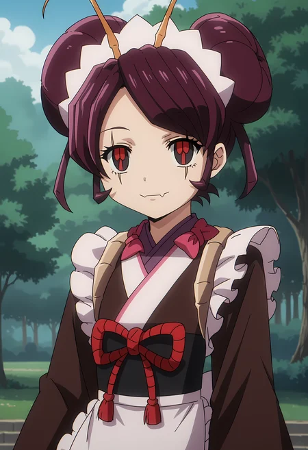 score_9, score_8_up, score_7_up, source_anime, 2d, Entoma Vasilissa Zeta, 1girl, burgundy hair, short hair, twin buns, insect antennae, porcelain face, red-black eyes, black eyes scars, chinese dress, maid hairband, anime coloring, anime screencap, detailed eyes, zPDXL, perfect faces, uncensored, rating_explicit, <lora:entoma_vasilissa_zeta_0-000045:0.8>, forest,