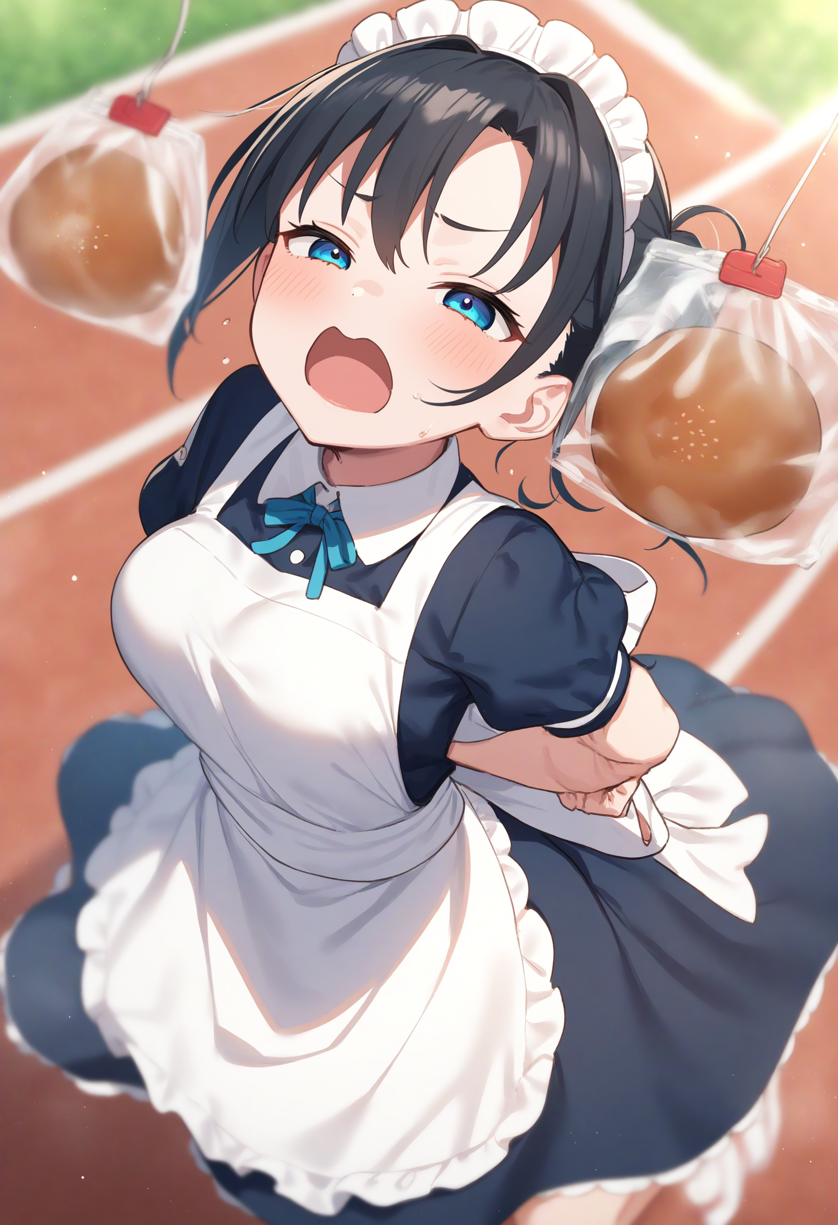 1girl,sincos, ningen mame, toosaka asagi,solo,medium breasts,20yo,maid,maid headdress,
bread eating race,sports festival,bread,arms behind back,<lora:breadeatingrace_XL_v1:0.8>
open mouth, bouncing breasts, plastic bag,
from above, cinematic angle, looking at viewer, blue hair, white eyes,wavy mouth, open mouth, short ponytail hair,,
best quality, very aesthetic, absurdres