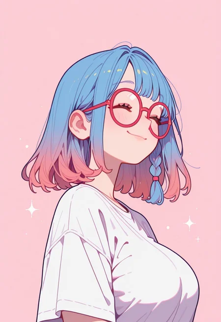 masterpiece, best quality, 32k, high resolution, absurdres, Flatline, Flat vector illustration, Black outline, Vivid colors, Beth, bethRH, cute face, medium hair, side braid, blue hair, pink gradient hair, brown eyes, detailed eyes, large breasts, curvy, big squared eyeglasses, red framed eyeglasses, clear eyeglasses lens, detailed eyes, aesthetic, solo, detailed, portait, face closeup, t-shirt, focus on face, detailed lips, upper body, happy face,, side view, closed eyes