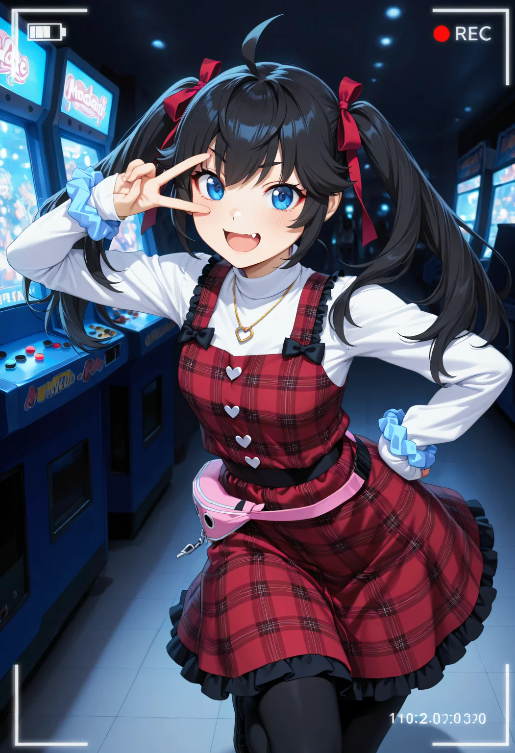 solo, 1girl, <lora:Char_MatsushimaMichiru:1>, black hair, twintails, hair ribbon, red ribbon, hair flaps, ahoge, blue eyes, long hair,
M1cDat3, pinafore dress, plaid dress, red dress, black bow, frilled straps, heart necklace, heart button, white button, white shirt, turtleneck shirt, long sleeves, sleeves past wrists, pink fanny pack, blue wrist scrunchie, black leggings,
viewfinder, looking at viewer, open mouth, fang, smile, arcade, v over eye, standing on one leg, very awa, masterpiece, best quality, highres, absurdres