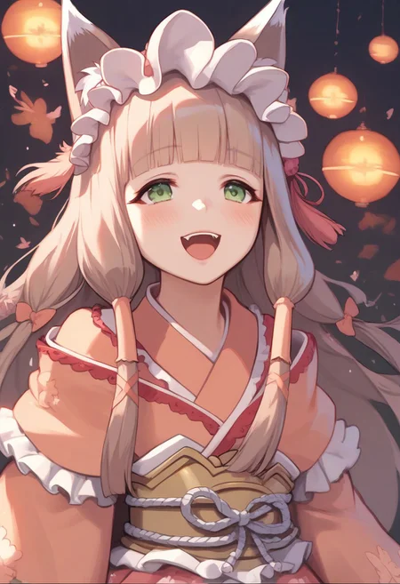 score_9, score_8_up, score_7_up, score_6_up, score_5_up, score_4_up, source_anime, 1girl, solo, (lips:0.9), maho normal, maho (princess connect!), animal ears, animal ear fluff, bangs, fox ears, frills, green eyes, kimono, long hair, fox girl, frilled hairband, blush, blunt bangs, hairband, pink kimono, wide sleeves, frilled sleeves, sidelocks, long sleeves, brown hair, fox tail, floral print, very long hair, bow, hair tubes, dress, light brown hair, pink dress, obi, sash, frilled ribbon, lolita_fashion, sleeves past wrists, hime cut, laughing, upper body, closed eyes, heart_in_mouth, XD, embrace a rifle