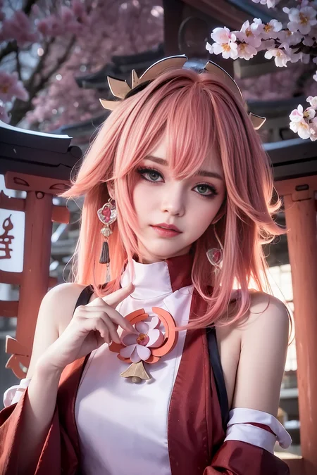 photorealistic, hyperrealistic,(masterpiece, best quality, 1girl, solo, intricate details, chromatic aberration), realistic, ((medium breath)), bare shoulders,pink long hair,red head ornament, red highlights, hair over one eye,earrings,sharp eyes,perfect symmetrical body,choker, neon shirt, opened jacket, turtleneck sweater,against wall, brick wall, graffiti, dim lighting, alley ,look at viewer,(( caustic, seductive, charming)), <lora:yaeMikoRealistic_yaemikoMixed:0.8>, (((sakura background))),(((Japanese temple background))), (((night light background))),mafuyu, <lora:mafuyu:0.3>