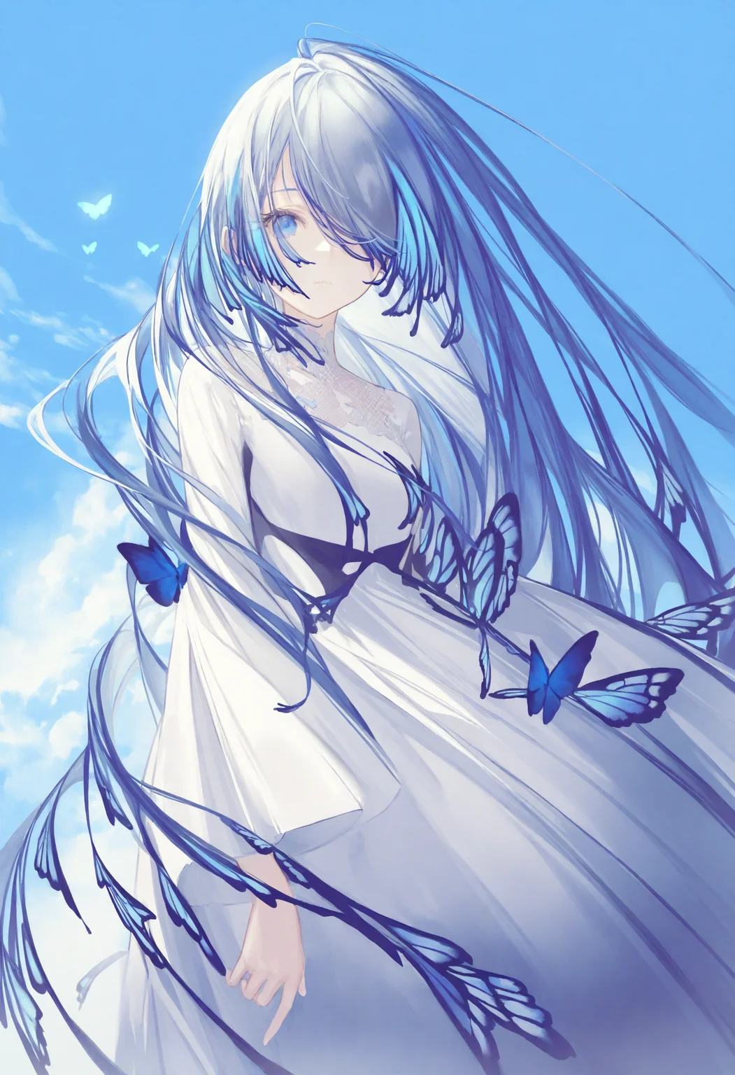 <lora:myc1_noob1.1-000189:1>,
1girl, solo, long hair, dress, white dress, sky, hair over one eye, looking at viewer, floating hair, blue hair, blue sky, bug, blue eyes, butterfly, very long hair, blue butterfly, cloud, closed mouth, blue theme, wide sleeves, cowboy shot, one eye covered, long sleeves, grey hair,
masterpiece,best quality,newest,absurdres,highres,very awa,
