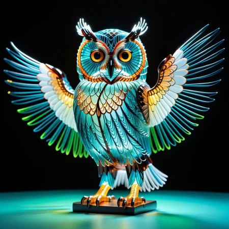 a figure of an owl with spread wings made of tiny neon glass filaments, w0gf1l, 
masterpiece, best quality, ultra details, intricate, ornate, filigree,
 ultrarealistic, creative, artistic