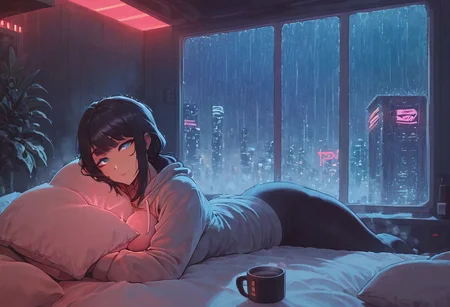 score_9,score_8_up,score_7_up,score_6_up, 1girl,
sitting in bed next to a large window, holding coffee cup, steaming coffee cup on windowsill, wearing croptop hoodie, black croptop hoodie, long hair, black hair, low ponytail hairstyle, pov from outside, view from putside the window looking into the room, looking out window, head resting on pillow laying on the bed, hoodie, plants on the windowsill, looking out the window, looking at viewer, background is the bedroom, tidy bedrrom, small room, cramped bedroom, teddies on the bed,, wearing legging, see through thights, black tights, cyberpunk city view out of the window, raining outside, heavy rain outside, neon light, purple neon lights, cat on the bed, pet cat in the room, pet cat sleeping on the bed