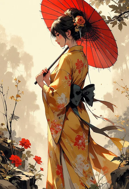 Special Ink-drawing mode, intricate linework with expressive contrasts, Mh1$AgThS2, Inkplash art on rice paper, sepia, henna , Silhouette Art, magnificent, inksplash image of stunning japanese woman, gold and red cheongsam, red oil and paper parasol, standing in formal Japanese garden, dappled sunlight