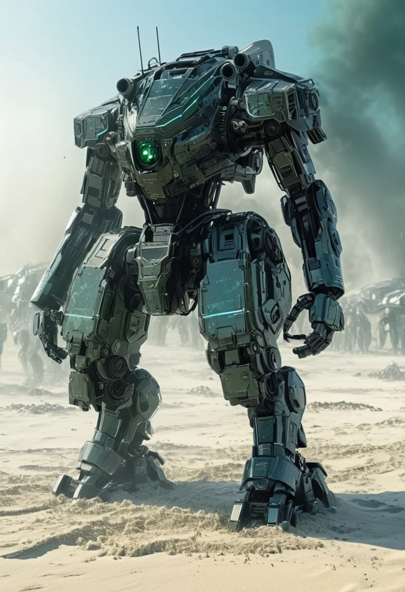 STX&ChrisBFBTDT, higly detailed, Black, shiny, mecha, standing in front of a battlefield surrounded by translucent cyborgs, explosions in the background, stars in background, green smoke, cyan sand everywhere, easynegative, ng_deepnegative_v1_75t
