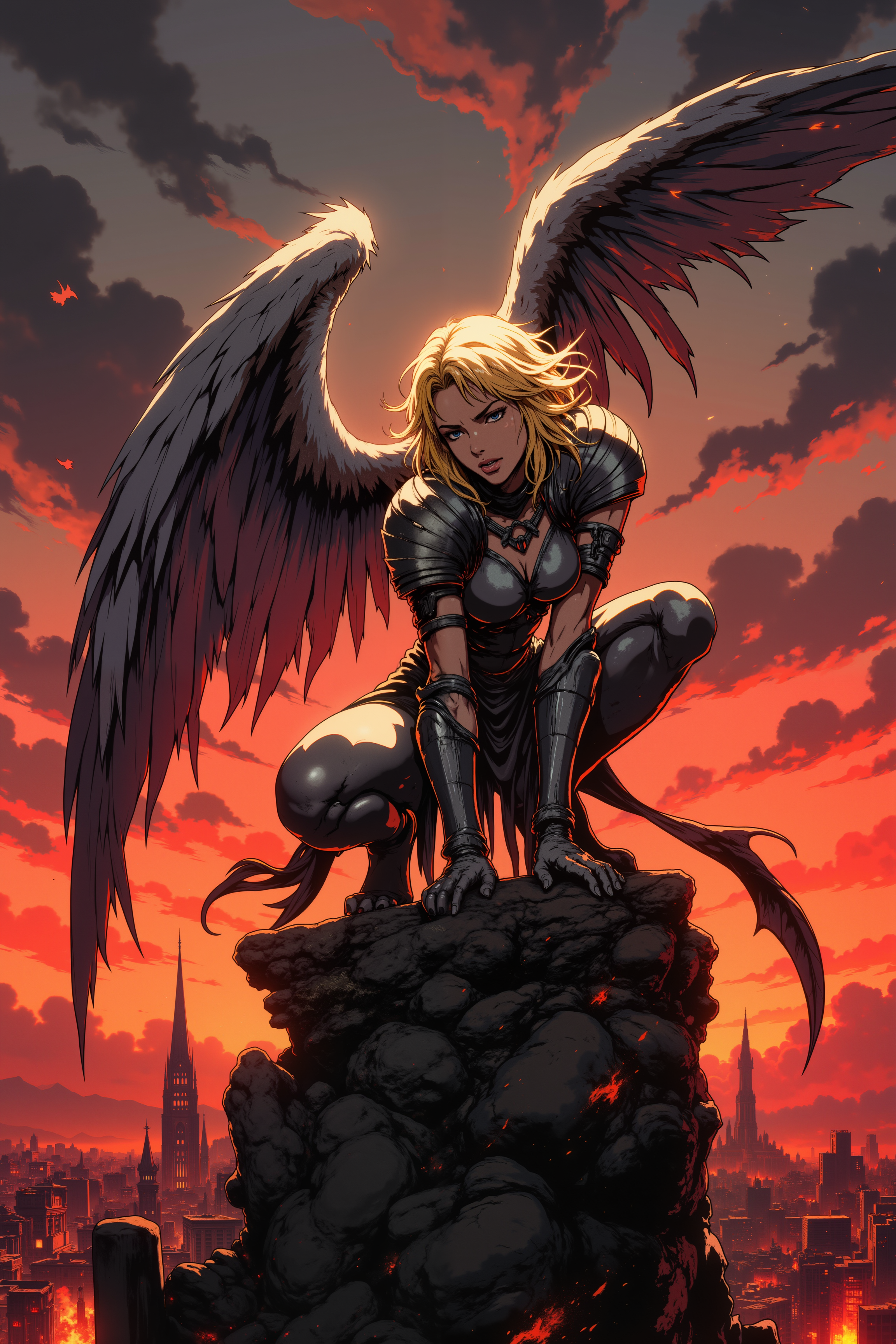 ne0nfant4sy, A fallen angel, her once-white wings now charred and tattered, crouches on the edge of a crumbling stone temple. Her once-radiant skin, now a pale, ashen gray, glows faintly in the dim light of a burning sky, and her golden hair falls in disheveled waves around her face. Her silver eyes, now dull with sorrow and rage, stare out over the broken world below, her hands gripping a twisted, blackened sword. Her armor, once gleaming and pristine, is now scorched and shattered, hanging in pieces from her slender frame. The dark clouds above swirl ominously, lit from below by the fires of a world consumed by chaos. Behind her, the remnants of a holy city lie in ruins, its once-grand spires reduced to rubble, bathed in an eerie red glow. Her expression is one of deep anguish, her jaw clenched as if sheâs fighting back tears, while a single, blackened feather drifts from her wing, falling slowly to the ground. The air is thick with the scent of smoke and ash, and the faint echo of distant screams lingers in the background.<lora:RetroAnimeFluxV1:0.5><lora:NeonFantasyFLUX:0.3>