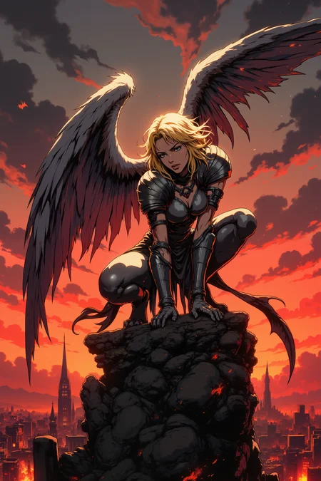 ne0nfant4sy, A fallen angel, her once-white wings now charred and tattered, crouches on the edge of a crumbling stone temple. Her once-radiant skin, now a pale, ashen gray, glows faintly in the dim light of a burning sky, and her golden hair falls in disheveled waves around her face. Her silver eyes, now dull with sorrow and rage, stare out over the broken world below, her hands gripping a twisted, blackened sword. Her armor, once gleaming and pristine, is now scorched and shattered, hanging in pieces from her slender frame. The dark clouds above swirl ominously, lit from below by the fires of a world consumed by chaos. Behind her, the remnants of a holy city lie in ruins, its once-grand spires reduced to rubble, bathed in an eerie red glow. Her expression is one of deep anguish, her jaw clenched as if sheâs fighting back tears, while a single, blackened feather drifts from her wing, falling slowly to the ground. The air is thick with the scent of smoke and ash, and the faint echo of distant screams lingers in the background.<lora:RetroAnimeFluxV1:0.5><lora:NeonFantasyFLUX:0.3>