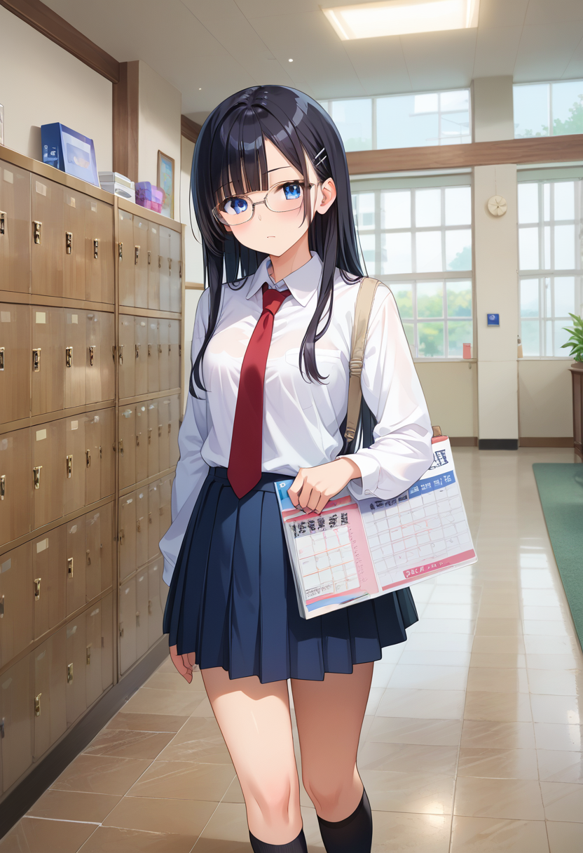 score_9, score_8_up, score_7_up, rating_safe, masterpiece, best quality, absurdres, unity 8k wallpaper, official art, official style, source_anime, uncensored, game cg, megami magazine,
1girl, solo, glasses, black hair, long hair, blue eyes, collared shirt, red necktie, pleated skirt, blue skirt, looking at viewer, blush, 
getabako, scenery, window, calendar (object), indoors, school, door, hallway
 <lora:gakkou_getabako_PONY_V1:1>