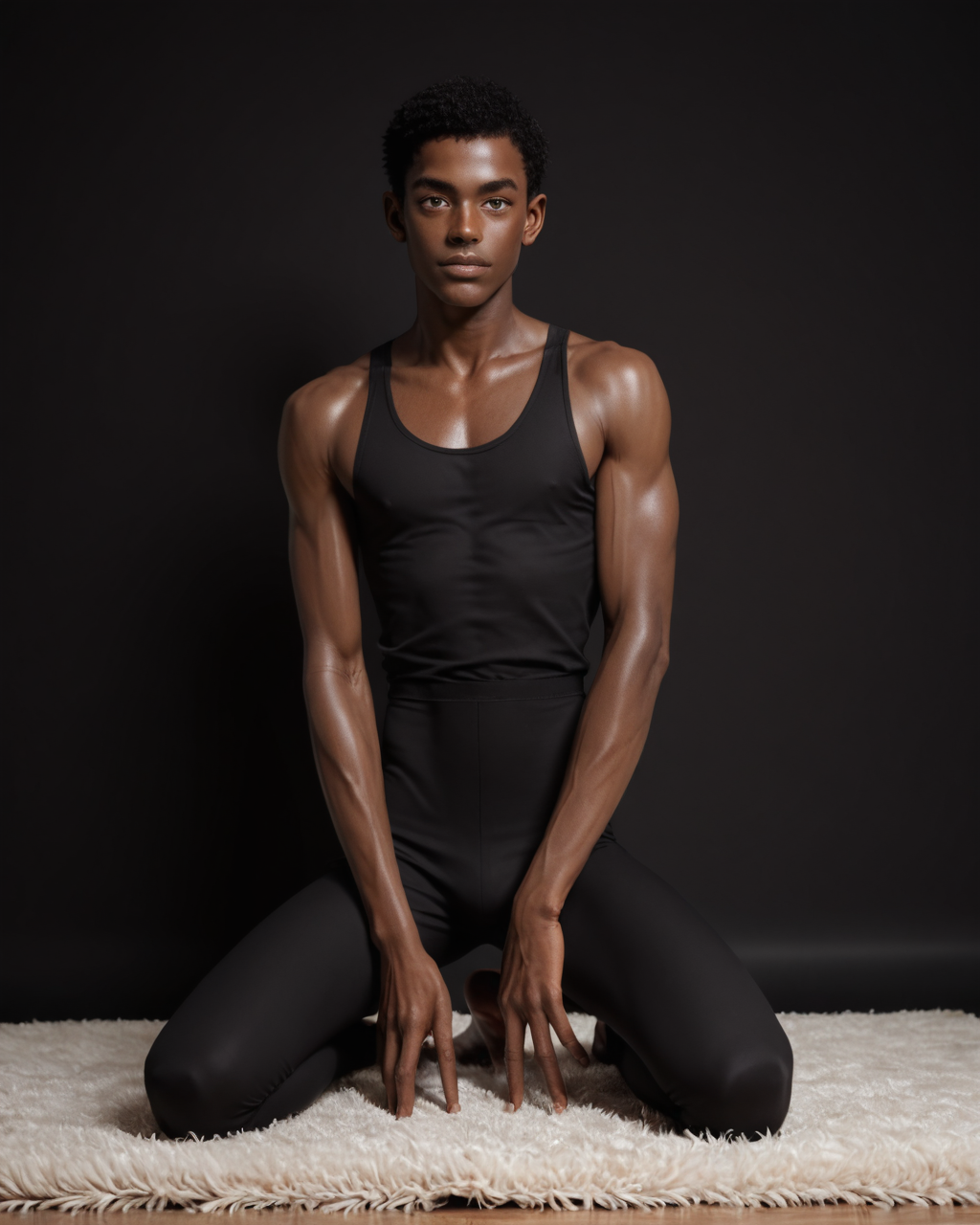 score_9, score_8_up, score_7_up, score_6_up, score_5_up, score_4_up, rating_questionable,
<lora:Alenaaenami:1>,
intricately detailed, photo studio with black backdrop, black background, thick plush carpet, full body, 
1boy(human male, slender, skinny twink, black skin, african, young black man, low muscle, thin, glistening skin, handsome, sexy, seductive, posing, looking at the viewer, friendly expression, kneeling:2, bare feet, tight posing slip),
<lora:xl_more_art-full_v1:0.4>,
<lora:add-detail-xl:0.4>