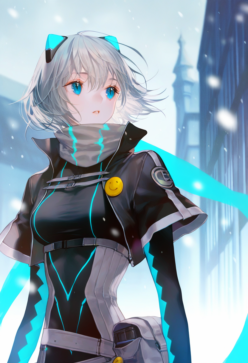 artist:gomzi,artist:wanke,artist:diyokama, rei_(sanbonzakura),[[artist:fuzichoco]],year 2023, 
1girl, solo,
icey, blue eyes, grey hair, short hair, fake animal ears,
neon trim, grey scarf, cropped jacket, black jacket, black bodysuit, blue gloves, multiple belts, button badge, smiley face, short shorts, taut clothes,
upper body, snowing, town,
<lora:icey.ilxl:1>