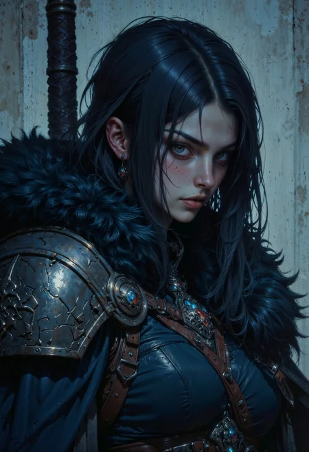 a mysterious female warrior, cloaked in a detailed, gothic-style outfit. She wears a deep blue garment adorned with various leather straps and buckles, giving her a rugged, battle-ready appearance. The fur-lined mantle around her shoulders adds a touch of nobility and warmth, contrasting with the metallic shoulder plates that protect her. Her face is mostly obscured by long, dark, disheveled hair, which enhances the aura of mystery and danger surrounding her. The visible parts of her face show faint signs of wear and tear, with blood trickling from a cut near her cheek, suggesting recent conflict. Her lips are slightly parted, and her expression is stoic, with a cold, detached gaze barely visible through her hair. Around her neck, she wears a large pendant, an ornate and gothic piece that may hold some symbolic or magical significance. Behind her, a large sword is strapped to her back, the hilt barely visible, hinting at her role as a warrior. The overall atmosphere of the image is dark and ethereal, with a muted, blue-toned color palette that adds to the cold, almost haunting feel of the scene. The lighting is soft and moody, emphasizing the somber, gothic tone, and drawing attention to the intricate details of her attire. This character exudes both strength and mystery, seemingly prepared for battle but also deeply introspective, as though carrying the weight of her experiences.