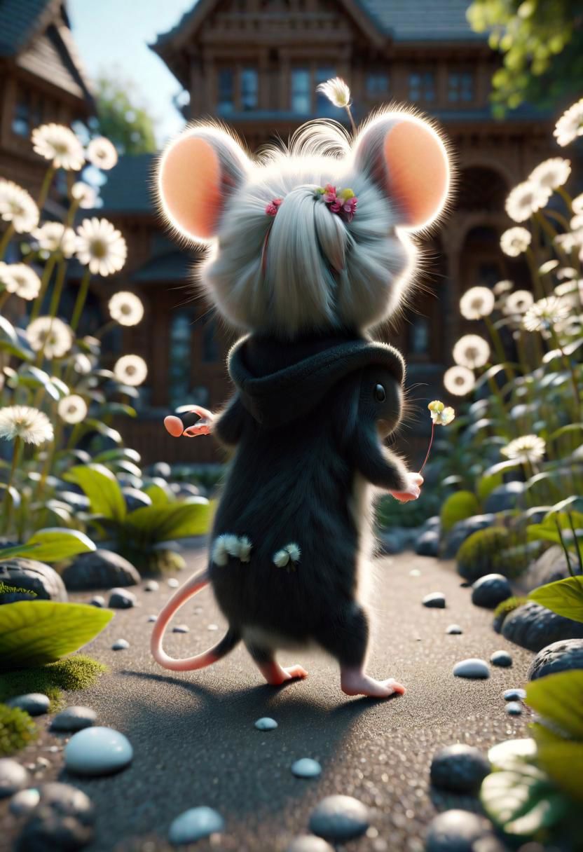 ral-fluff,<lora:ral-fluff:1>,
chibi,masterpiece,best quality,original,official art,black metallic fantasy mice,hat,flower,blurred background,rendering,beautiful detailed glow,(detailed ice),beautiful detailed water,sunny, blurred flower, happy, stand in Front of a House made off cheese