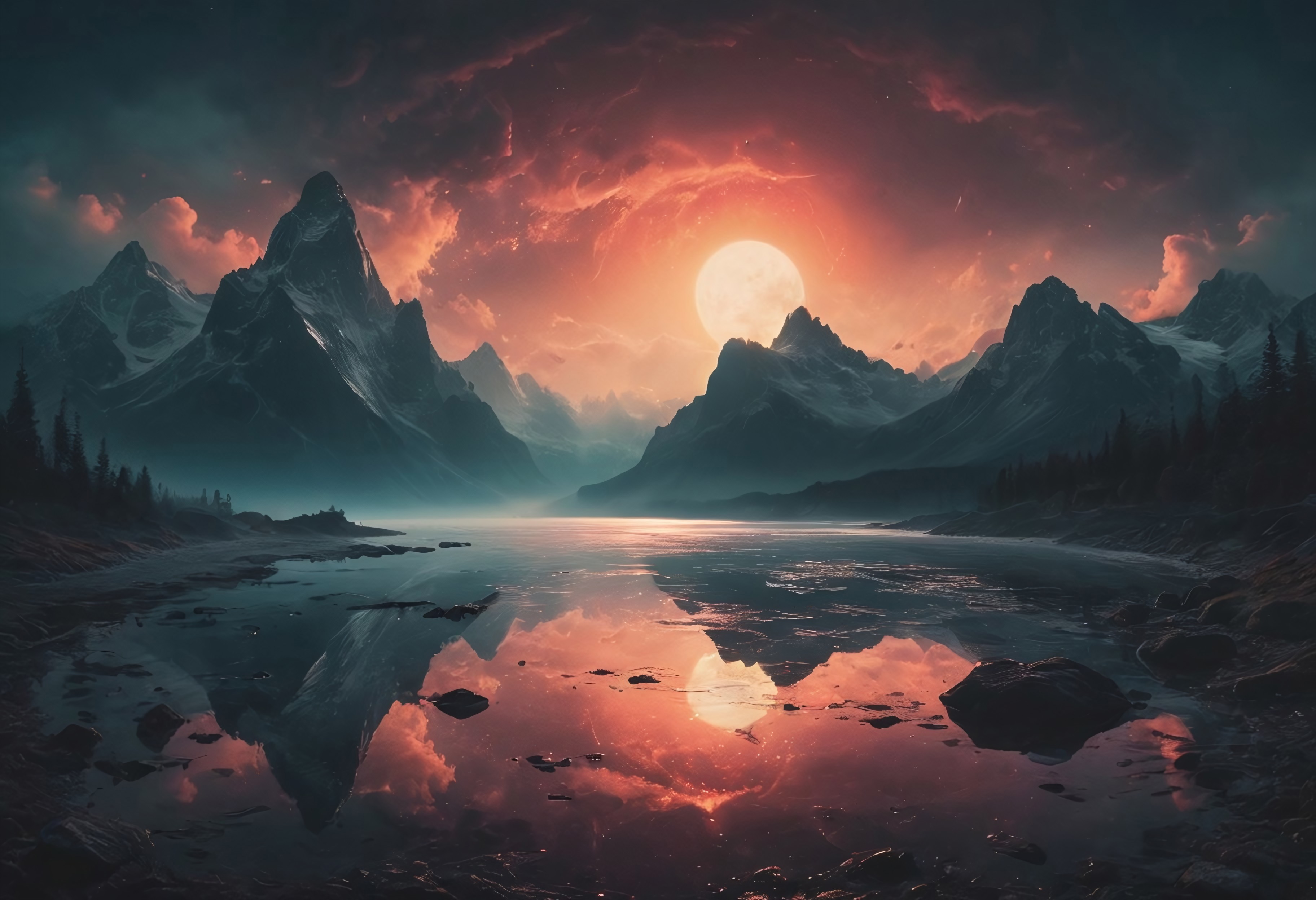 highly detailed and hyper realistic photo, by Alena Aenami , by Archibald Thorburn , by Daniele Afferni , a breathtaking otherworldly landscape with psychedelic colors , in the style of  monochromatic silhouette reflection,  limited dark palette, unusual dark colors, faded colors, atmospheric haze, highly dramatic cinematic lighting, motion blur, film grain,  professional, excellent composition, finest details, maximized details, ultimate detail level, masterpiece, best quality