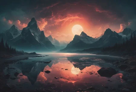 highly detailed and hyper realistic photo, by Alena Aenami , by Archibald Thorburn , by Daniele Afferni , a breathtaking otherworldly landscape with psychedelic colors , in the style of  monochromatic silhouette reflection,  limited dark palette, unusual dark colors, faded colors, atmospheric haze, highly dramatic cinematic lighting, motion blur, film grain,  professional, excellent composition, finest details, maximized details, ultimate detail level, masterpiece, best quality