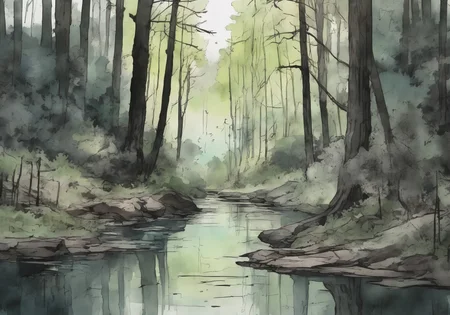 *Channel_42*
*The background for a new anime horror sci-fi visual novel*
*Watercolor* *Charcoal* *Stencil* *1920s* *Colorized*
*Woods* *Trail* *clearing* *lake*
*Evening* *Spring* *Clear*