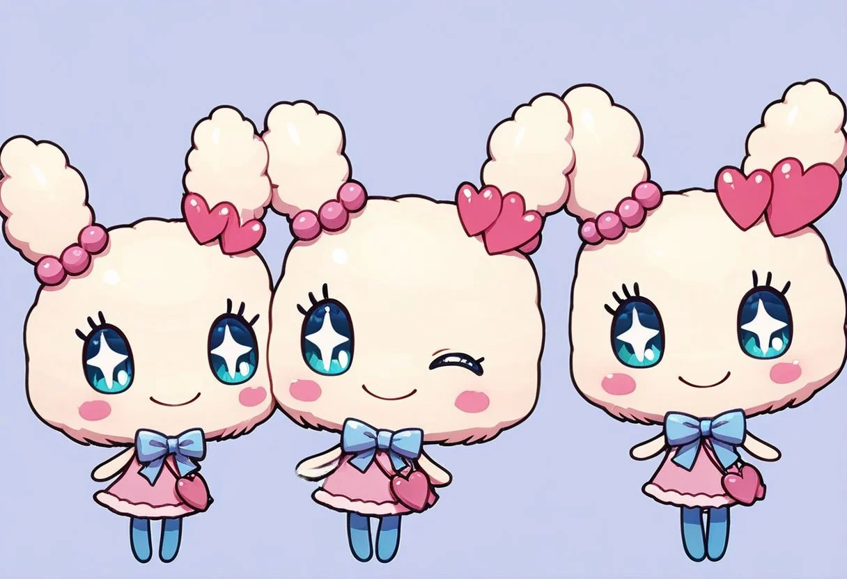 score_9, score_8_up, score_7_up, Tamagotchi, Lovelitchi, ear beads, blue pantyhose, pink DRESS, PINK HEART BAG, blue ribbon, cute, kawaii, chibi, fluffy body, full body, glossy skin, shiny skin, simple background, bright colors, simple shading, smiling, happy, multiple girls, trio, 3girls